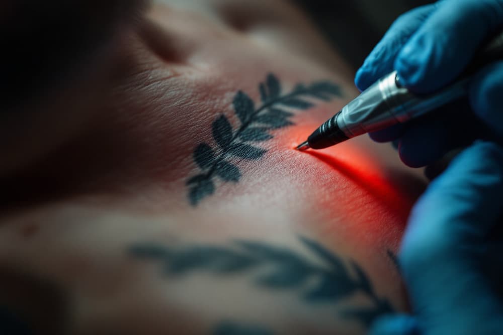 maquina de tatuaje aplicando un disenio de hojas sobre la piel