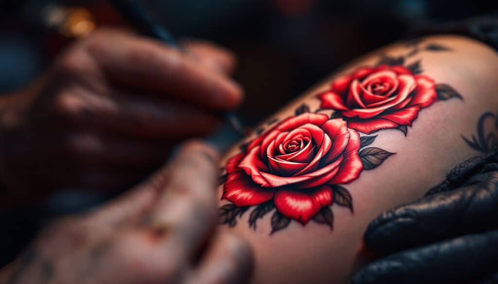 tatuaje de rosas rojas en proceso de creacion